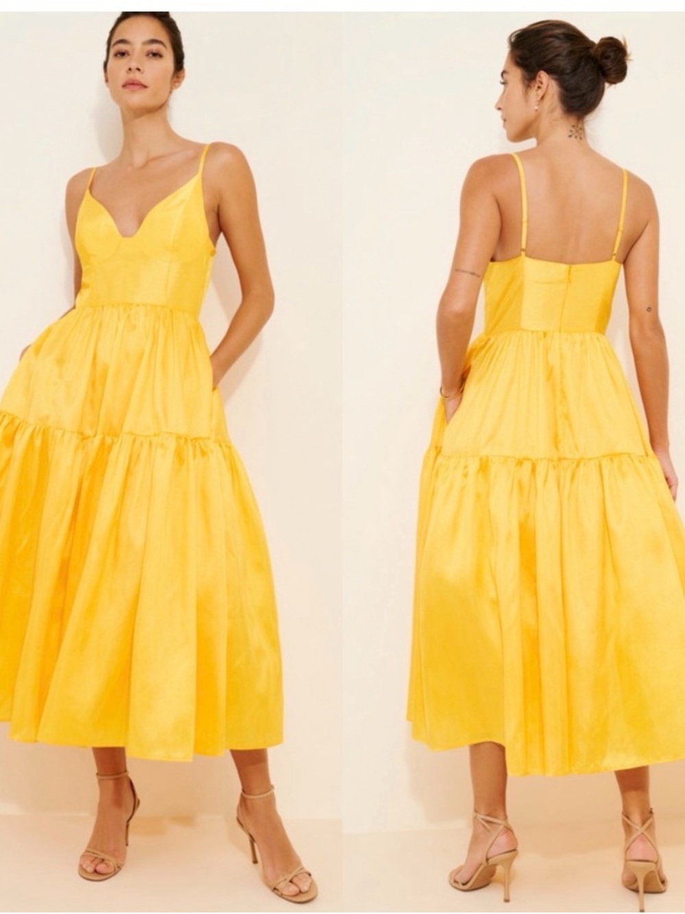 Hutch Bright Yellow Tiered Spaghetti-Strap Midi Dress